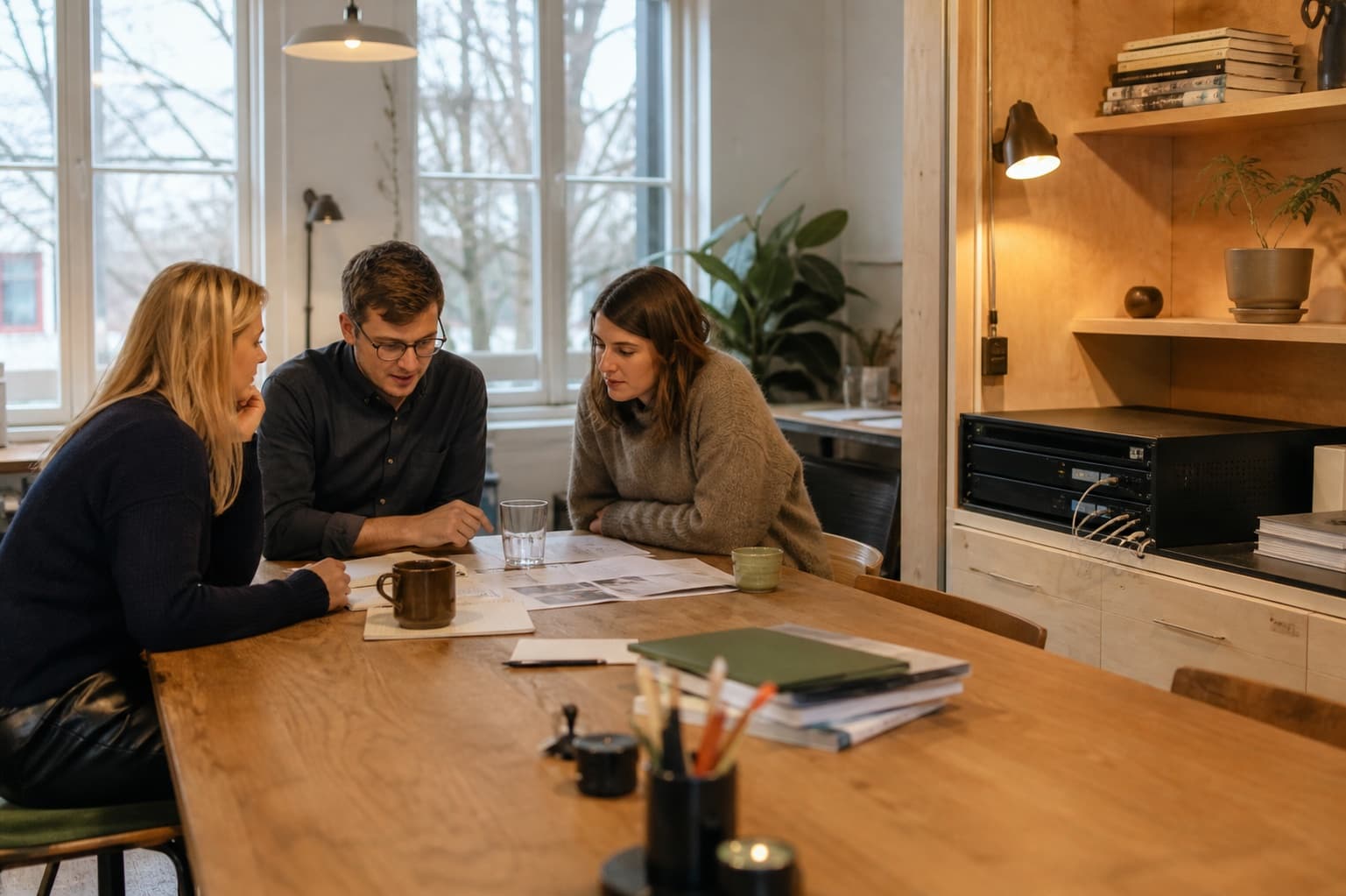 A small team maps out a workflow around a table.